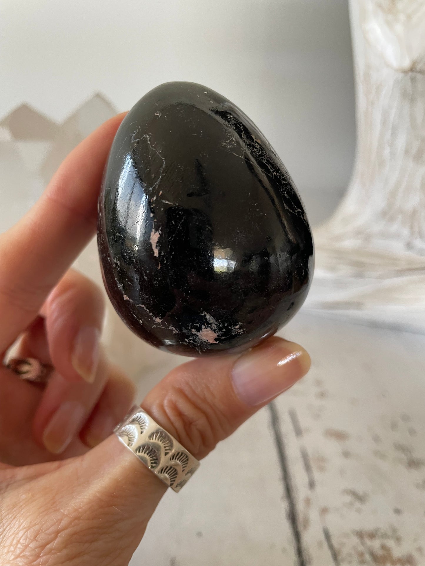 Black Tourmaline Egg Includes Hematite ring