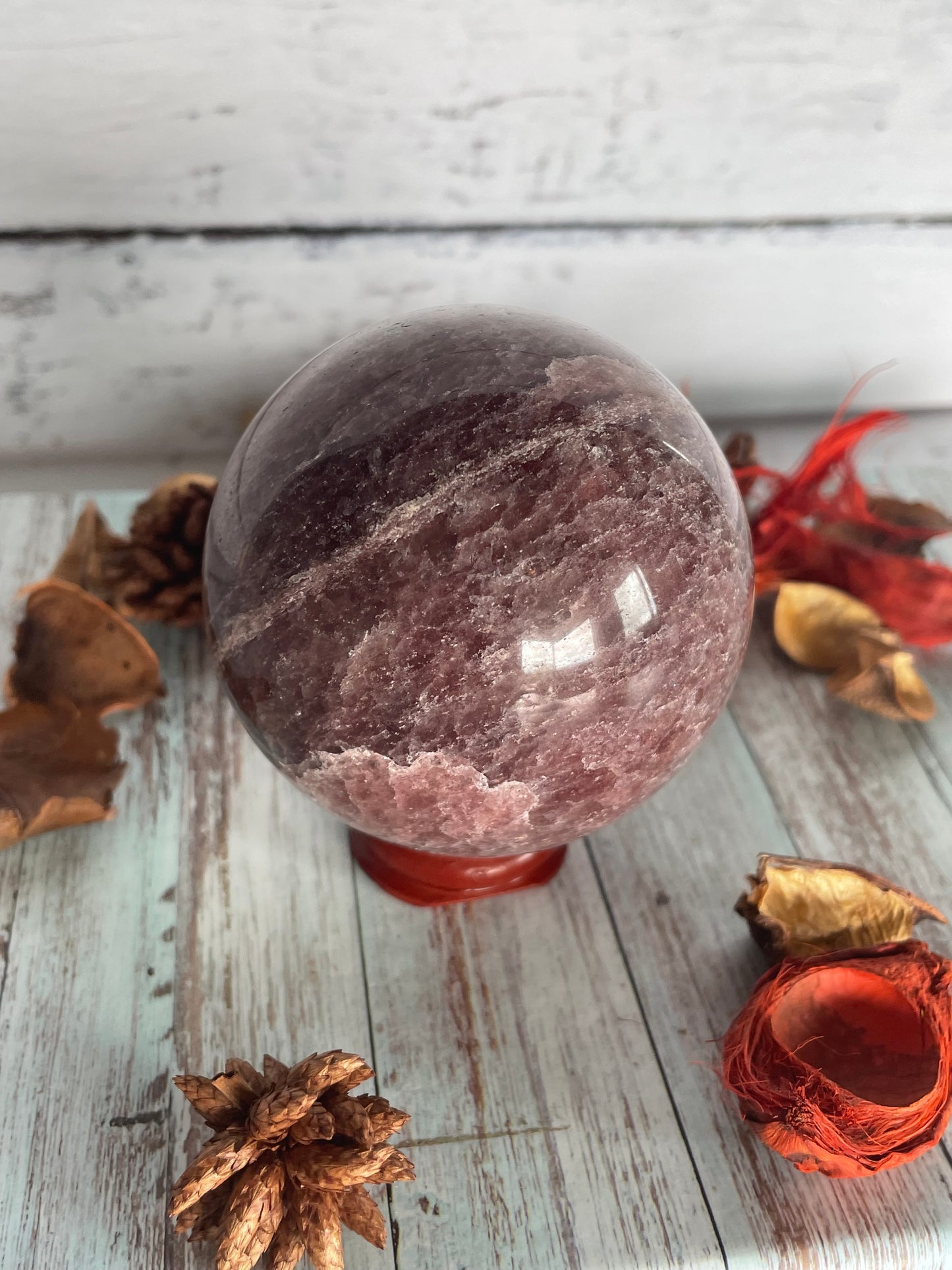 Strawberry Quartz Sphere Includes Wooden Holder