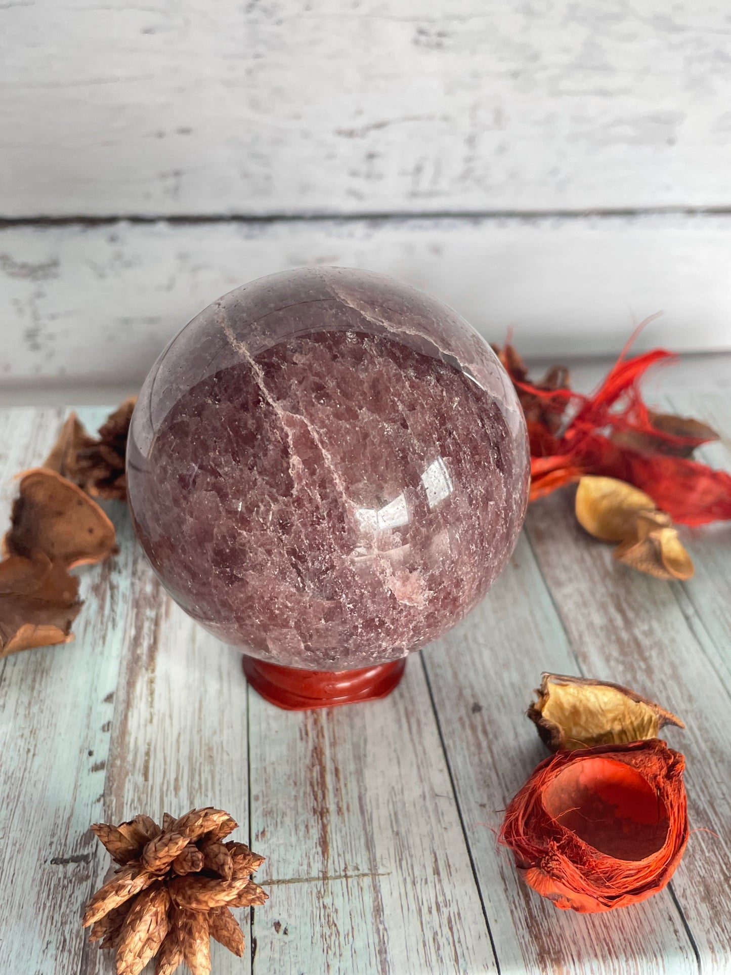 Strawberry Quartz Sphere Includes Wooden Holder