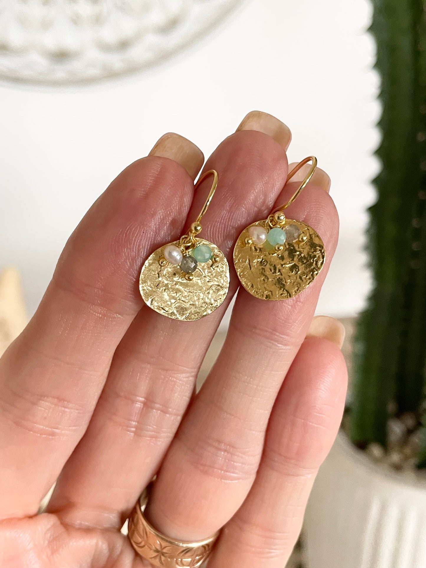 18K Gold Electroplated Hoops  ~ Pearl, Labradorite & Amazonite