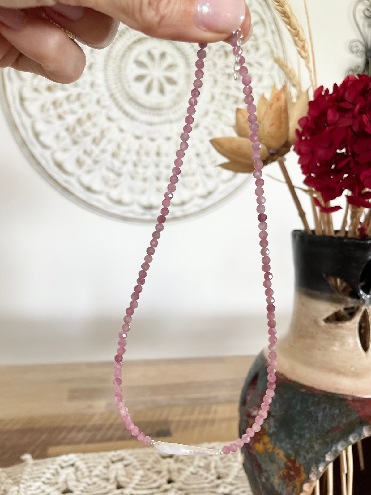 Sterling Silver Faceted Pink Tourmaline & Pearl Choker