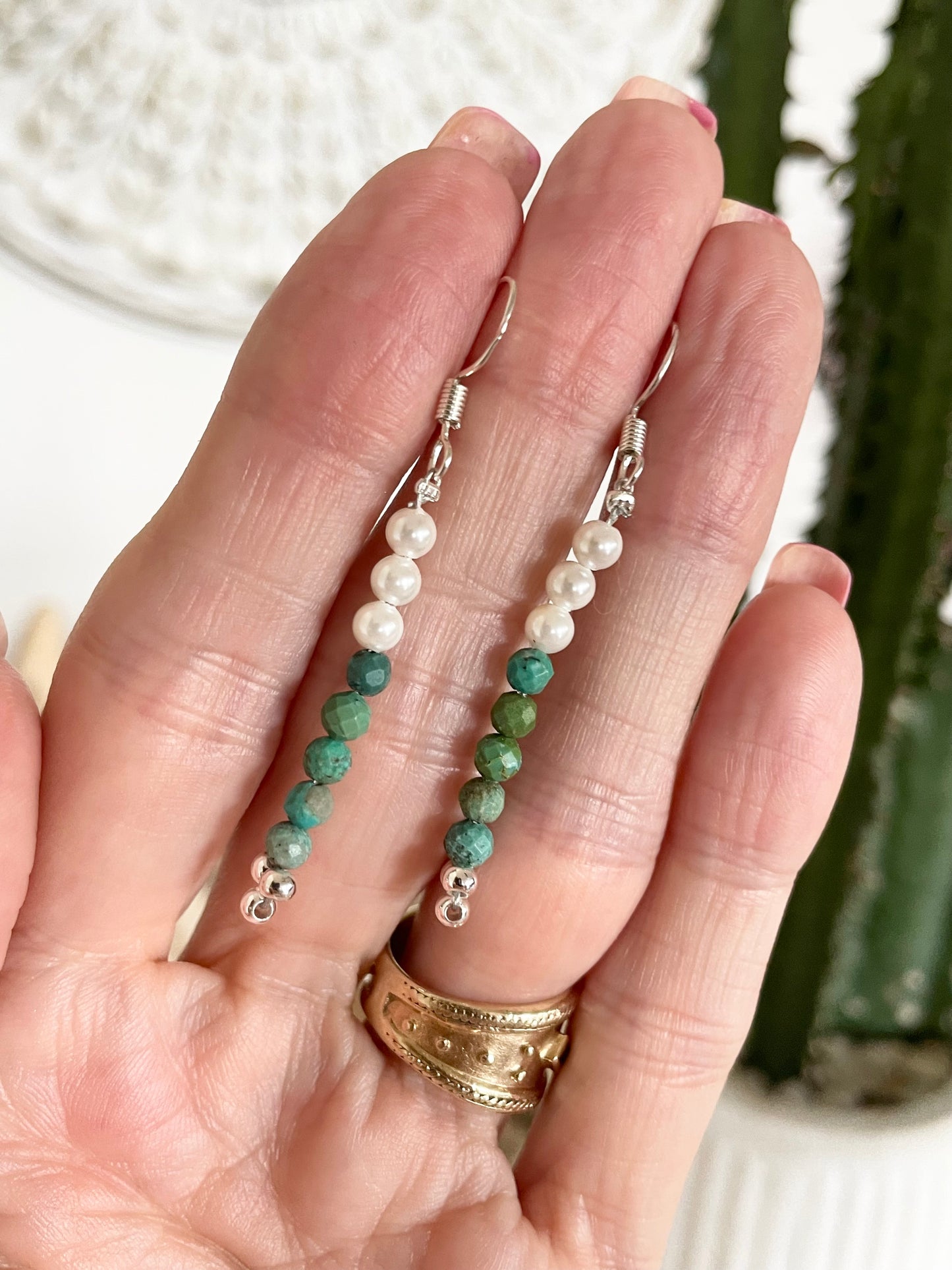 Hubei Turquoise & Pearl Silver Earrings - handmade by Wayne