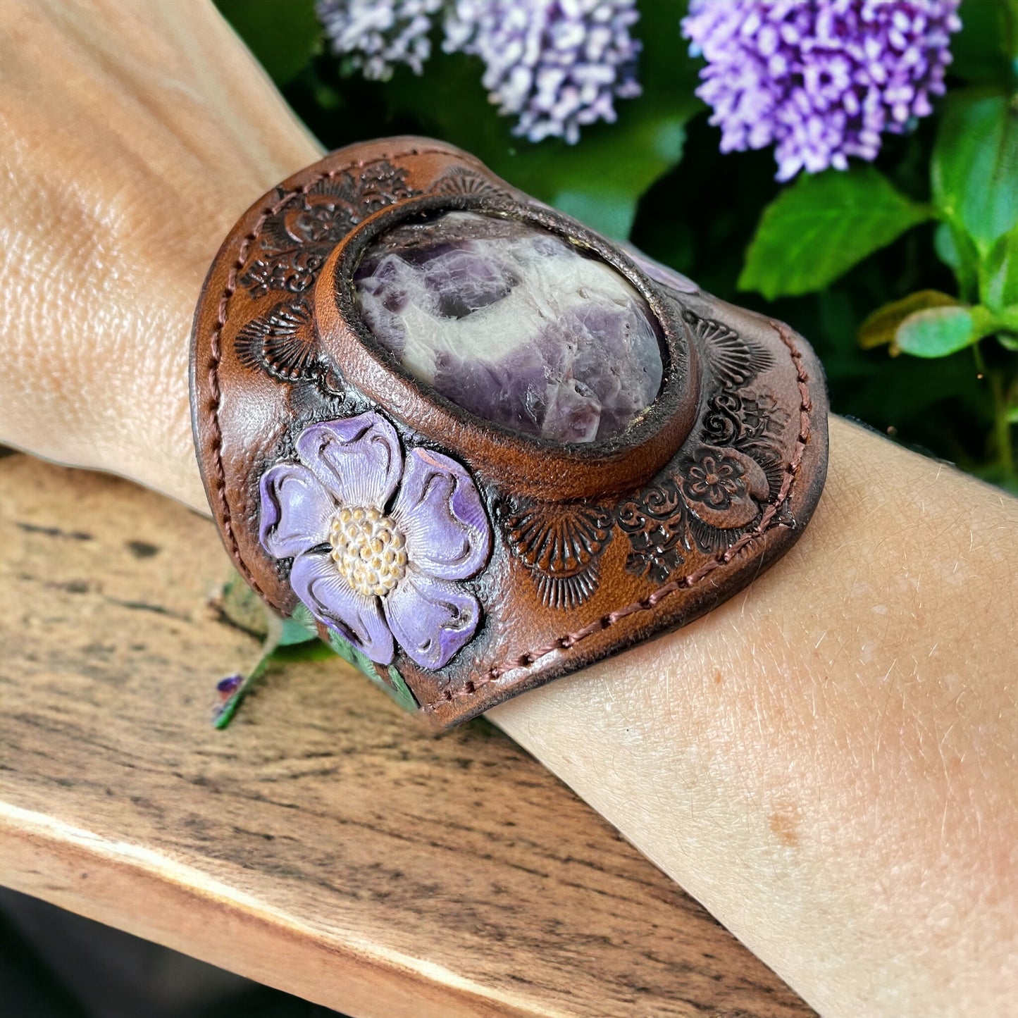 Leather Cuff Desert Bloom ~ Chevron Amethyst