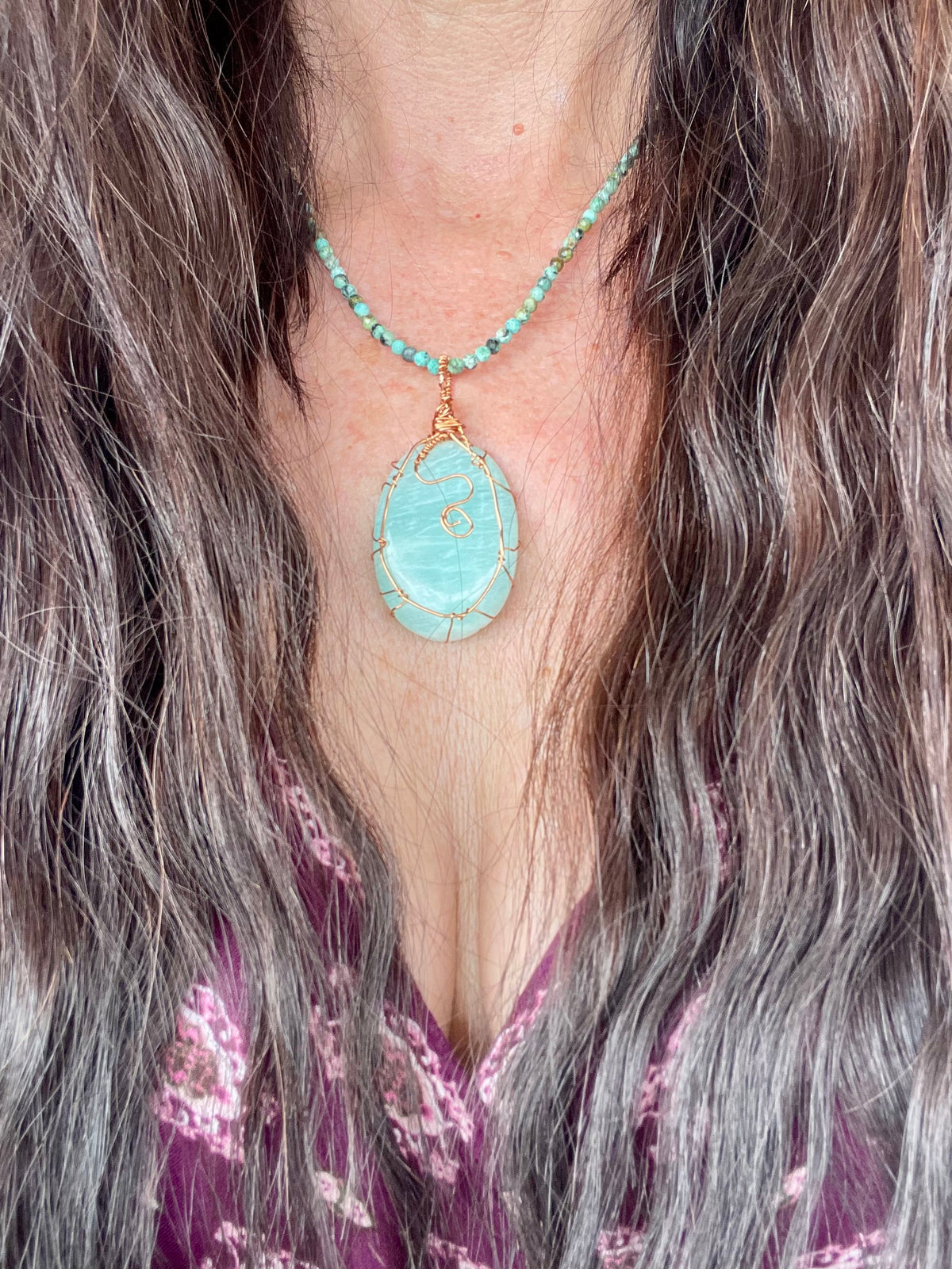 Amazonite & African Turquoise Wrapped Necklace