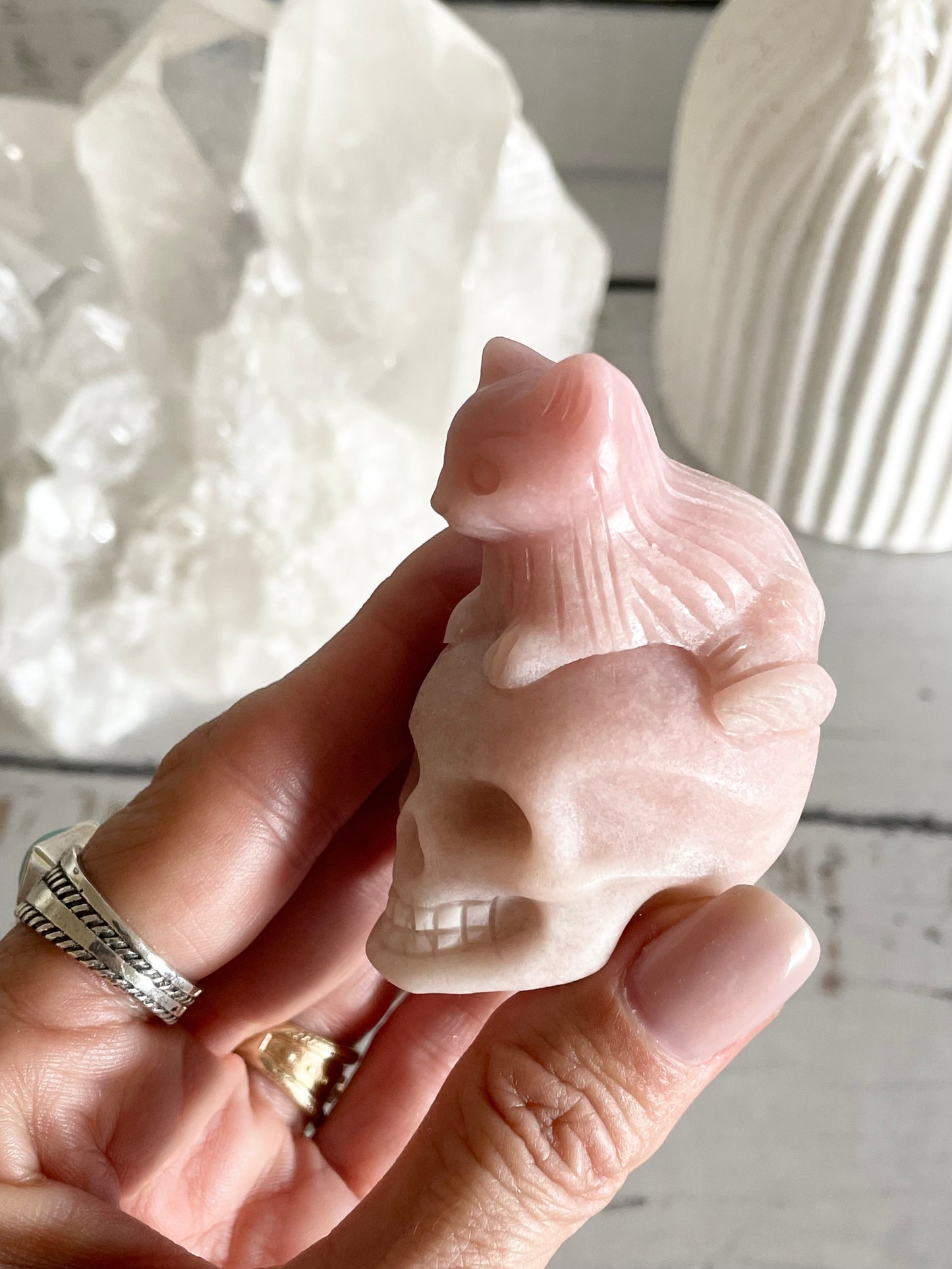Pink Opal Cat on Skull