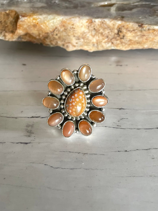 Deer Jasper & Peach Moonstone Adjustable Ring ~ Size 8 - 9.5