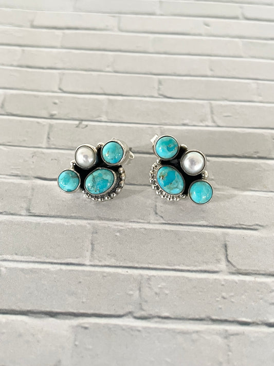 Mojave Turquoise , Copper Turquoise & Pearl Studs