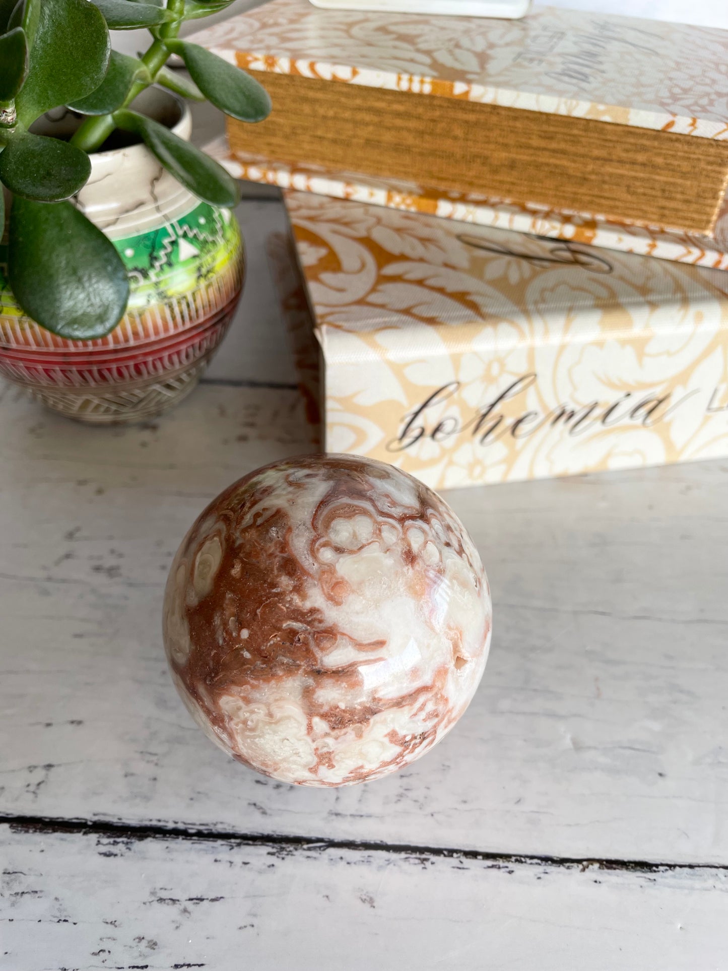 Calcite Sphere Includes Wooden Holder