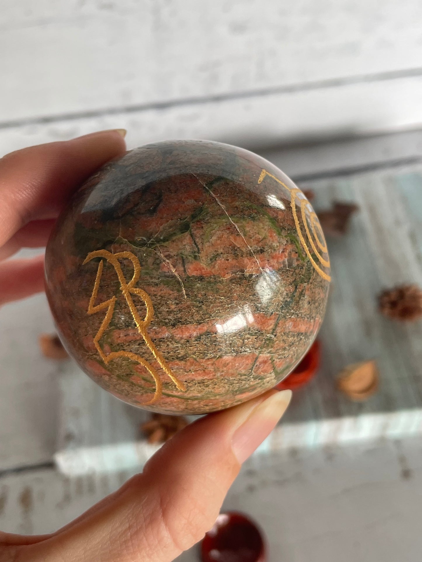 Unakite Reiki Sphere Includes Wooden Holder