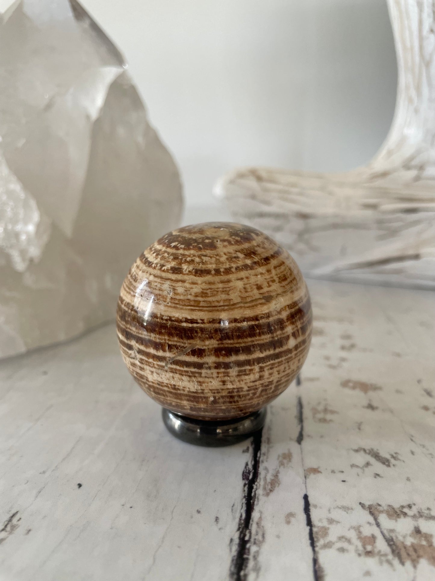 Aragonite Sphere Includes Wooden Holder