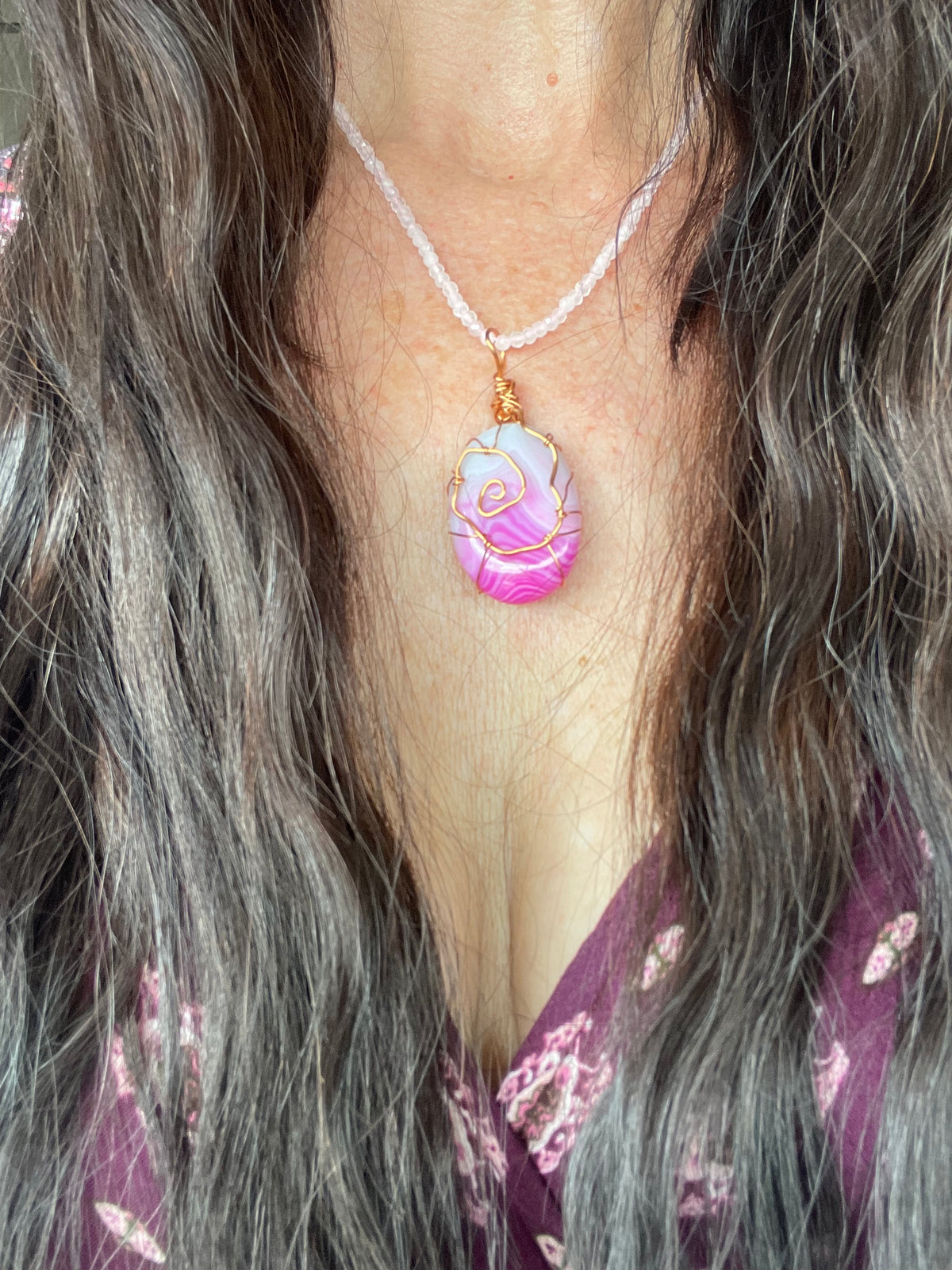 Pink Agate & Rose Quartz Copper Wrapped Necklace