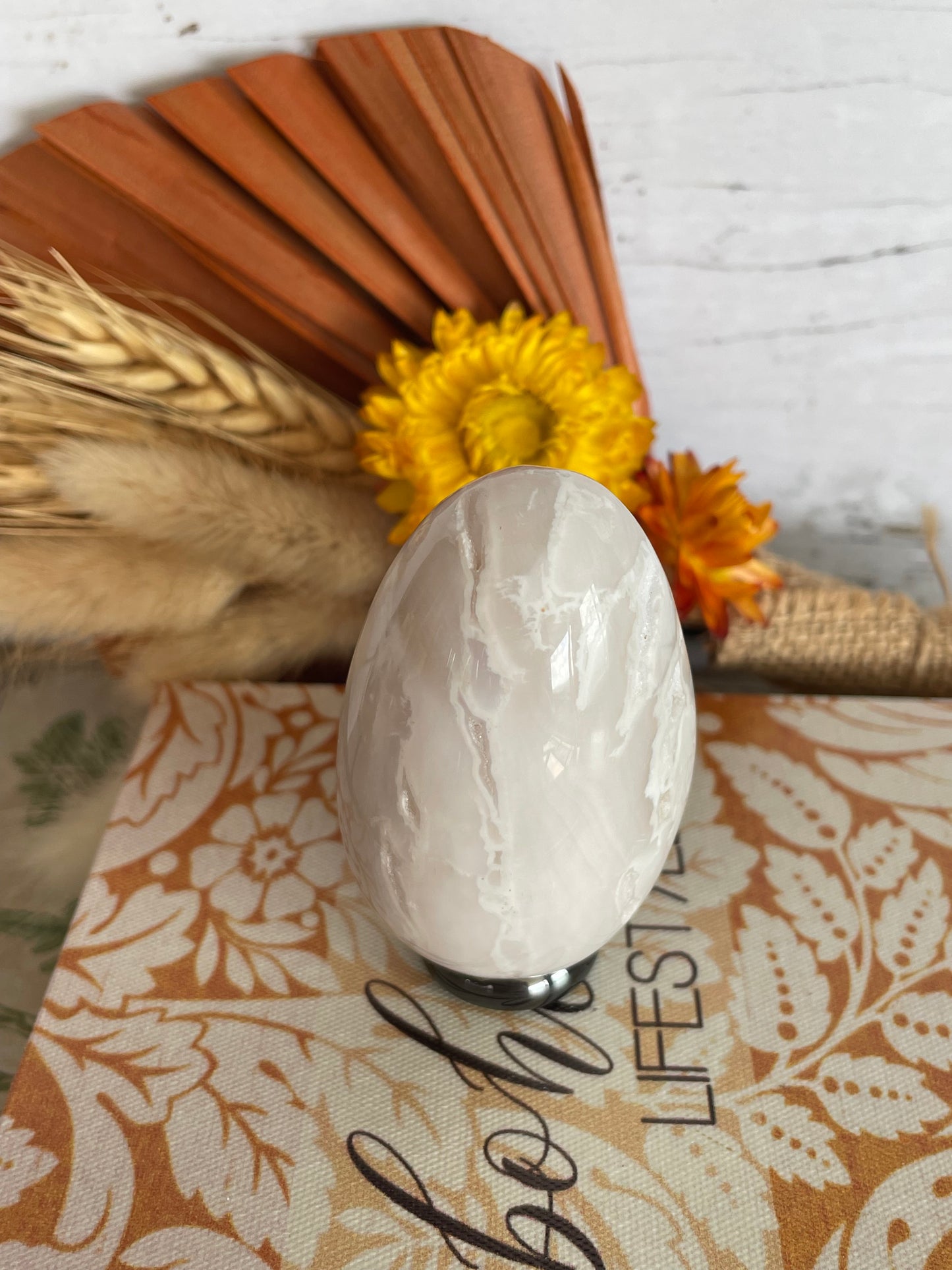 Snow Agate Egg Includes Hematite Ring