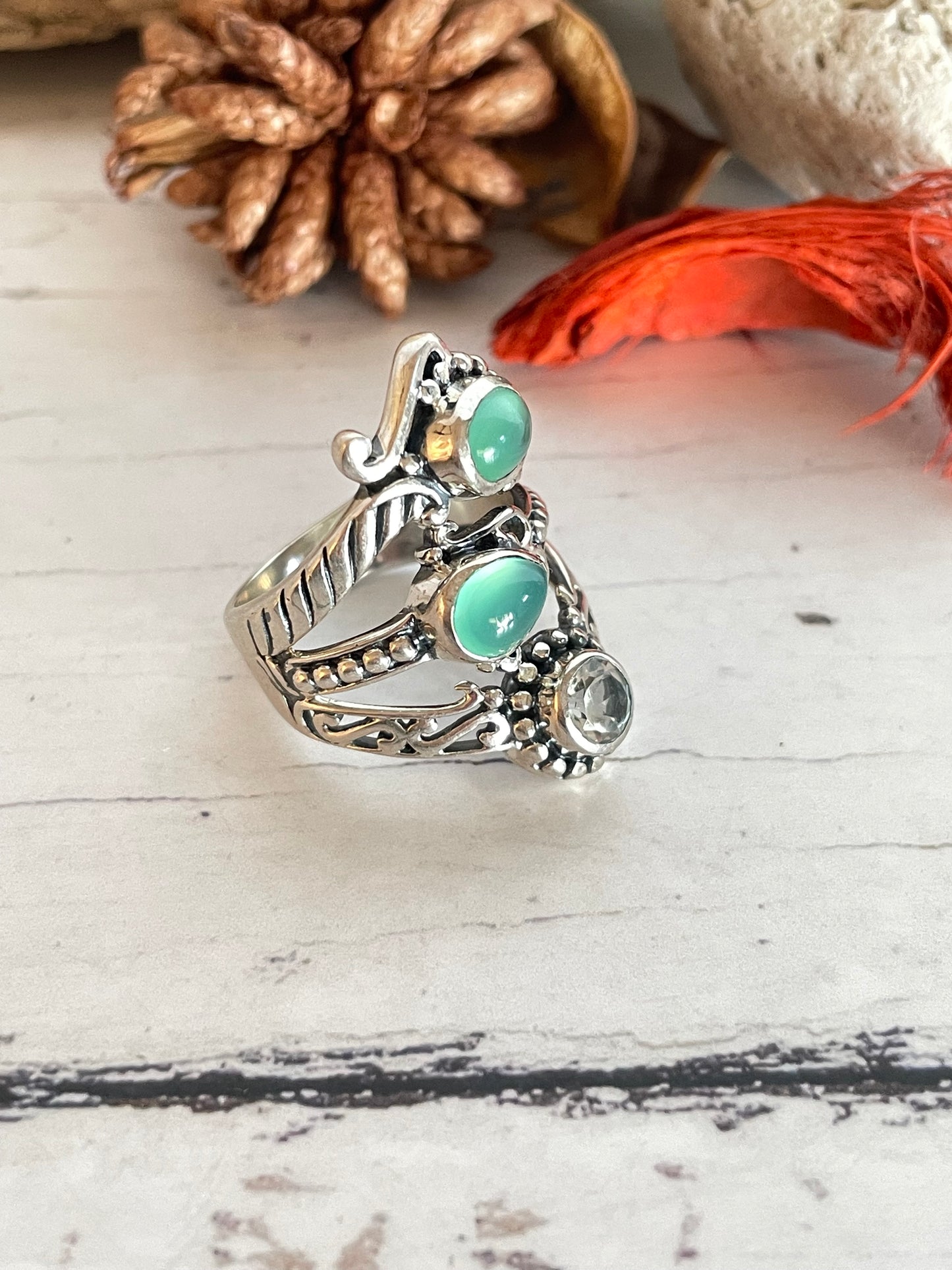 Green Chalcedony & Topaz Silver Ring