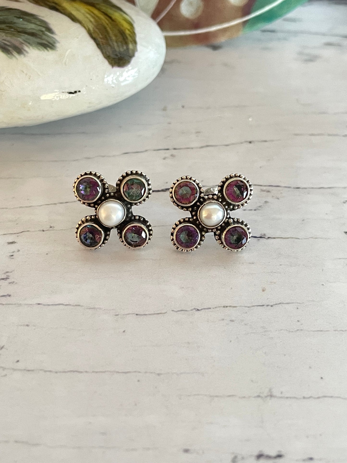 Mystic Topaz & Pearl Silver Studs ~ Ancient