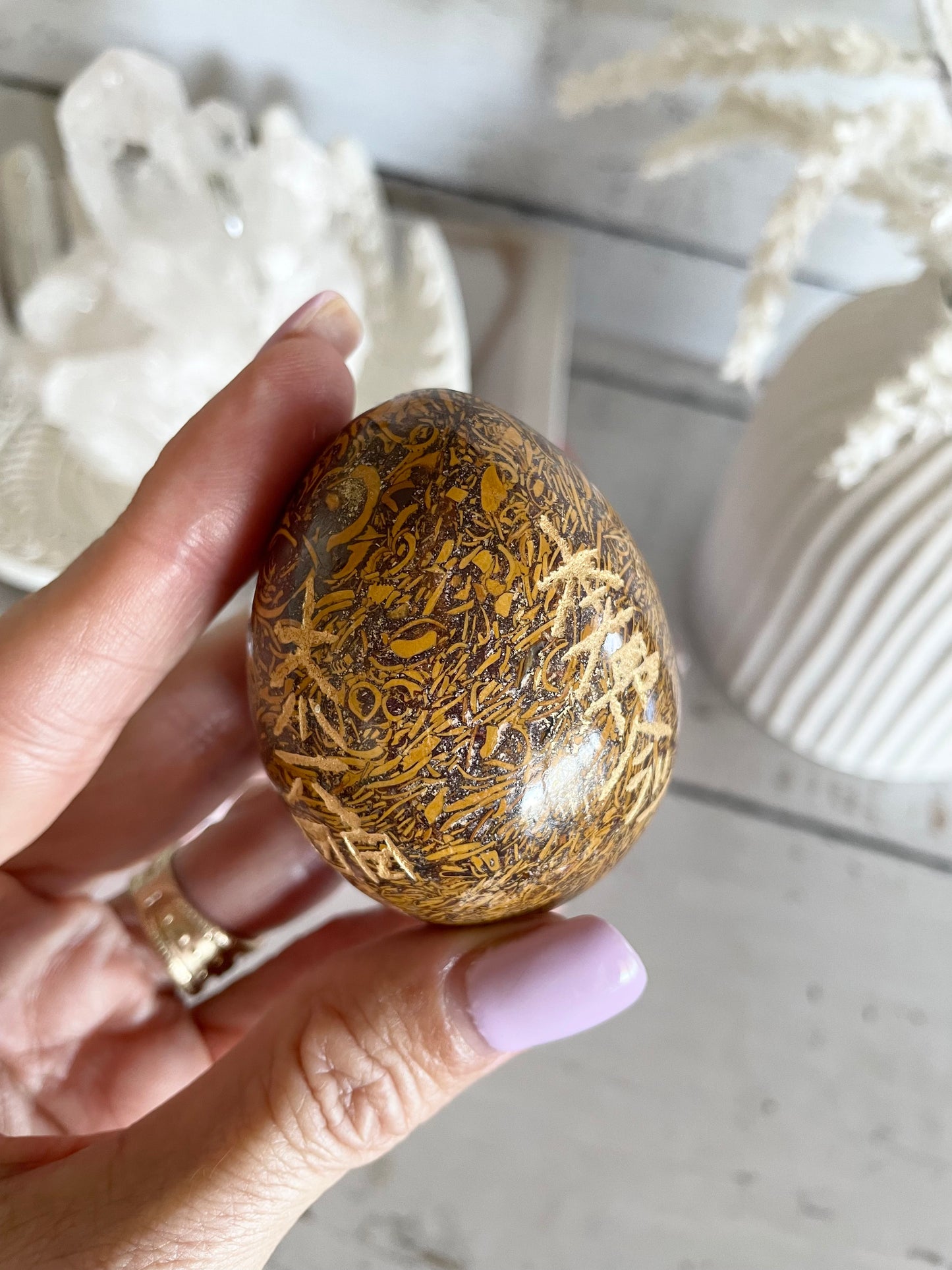 Calligraphy Jasper Reiki Egg with holder