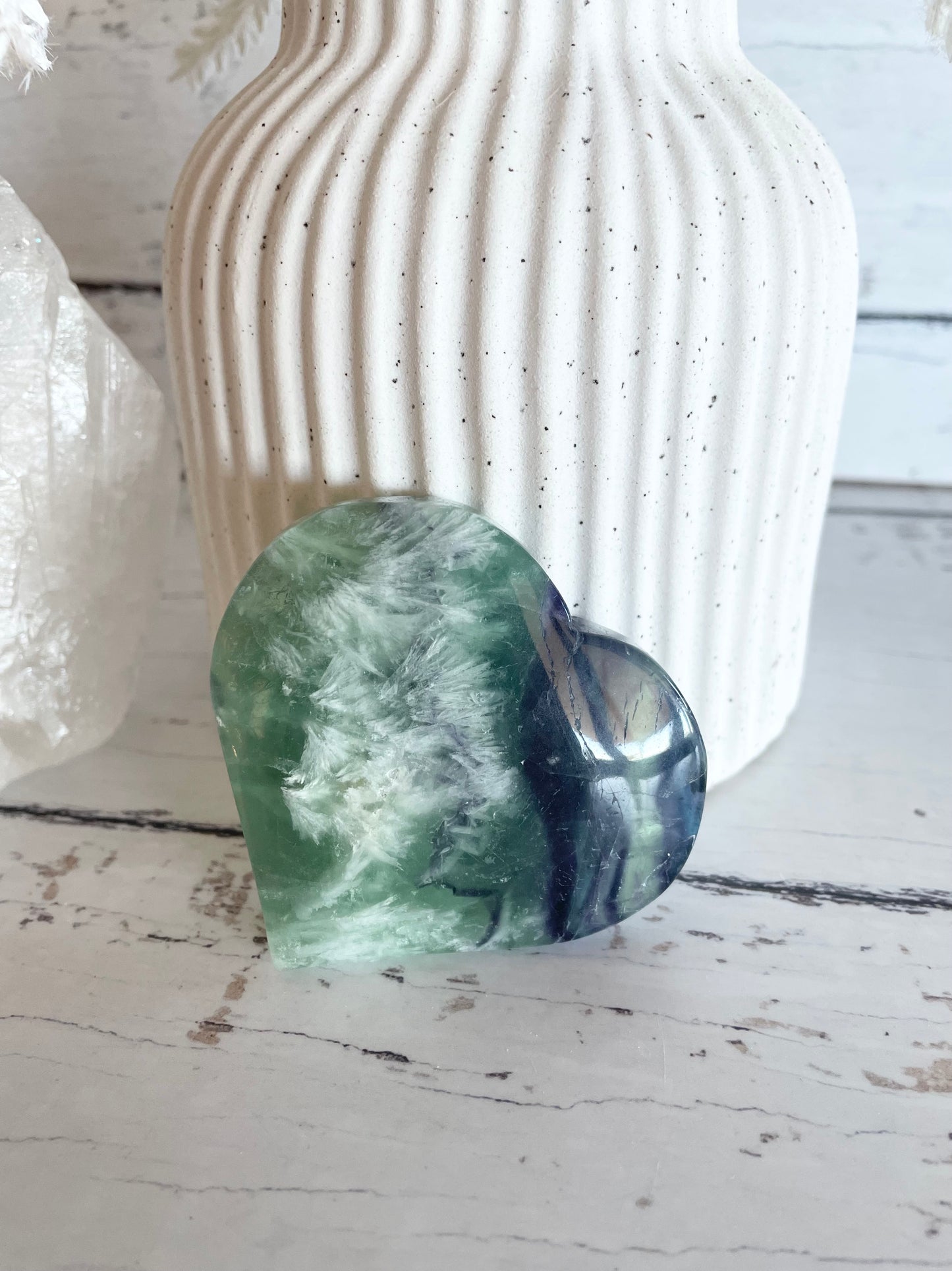 Green snowflake fluorite heart