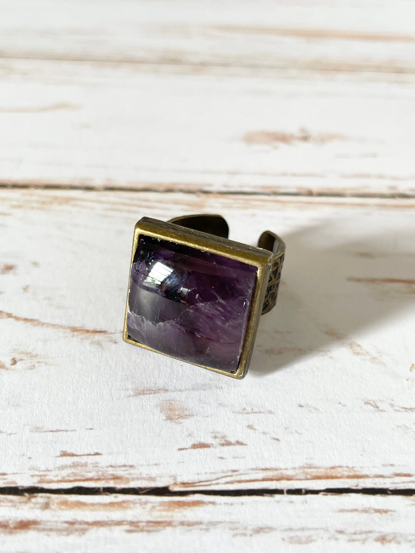 Copper Antiqued Ring ~ Amethyst adjustable ring 6-10