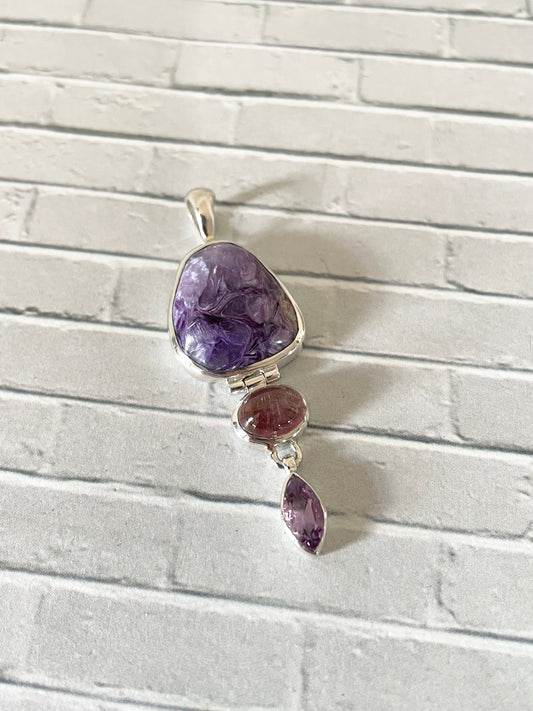 Charoite, Tourmaline & Amethyst Pendant