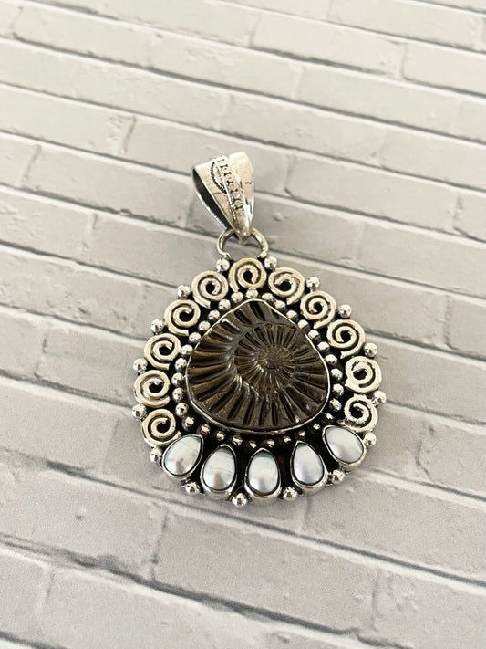 Ammonite & Pearl Pendant