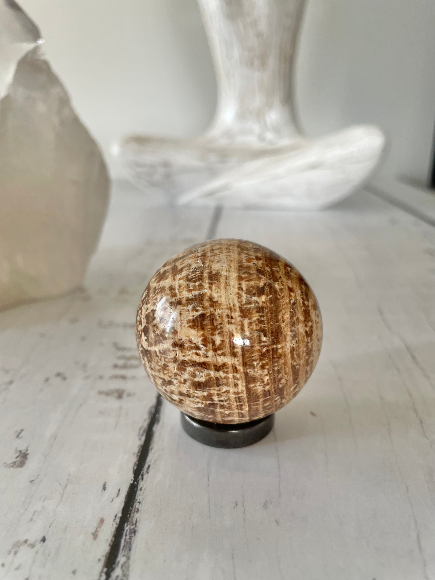 Aragonite Sphere Includes Wooden Holder