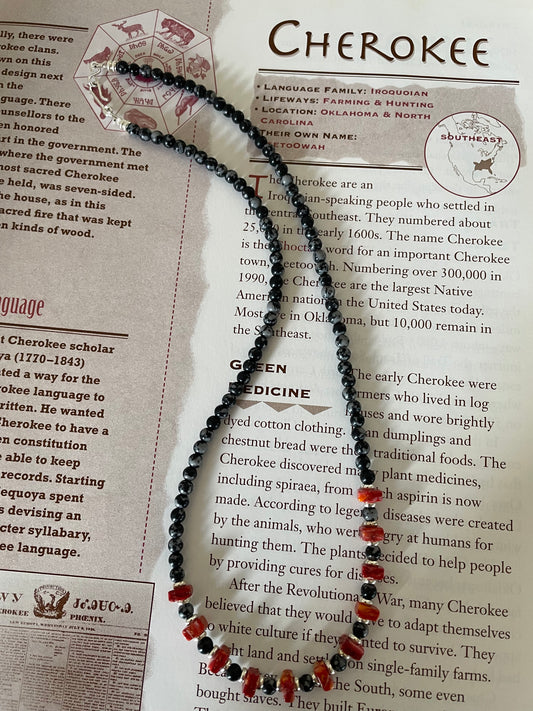Cherokee Snowflake Obsidian & Coral Beads