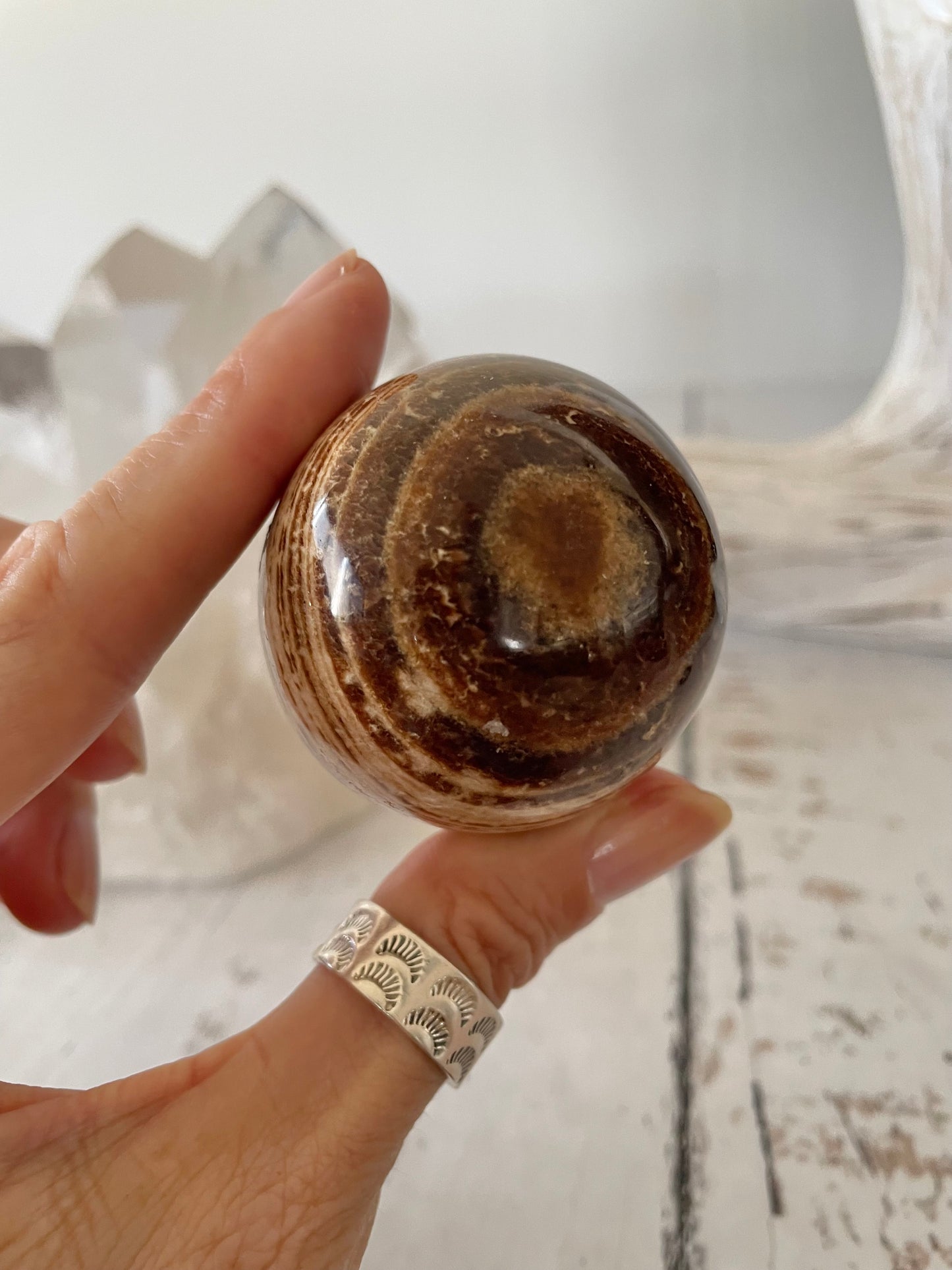 Aragonite Sphere Includes Wooden Holder