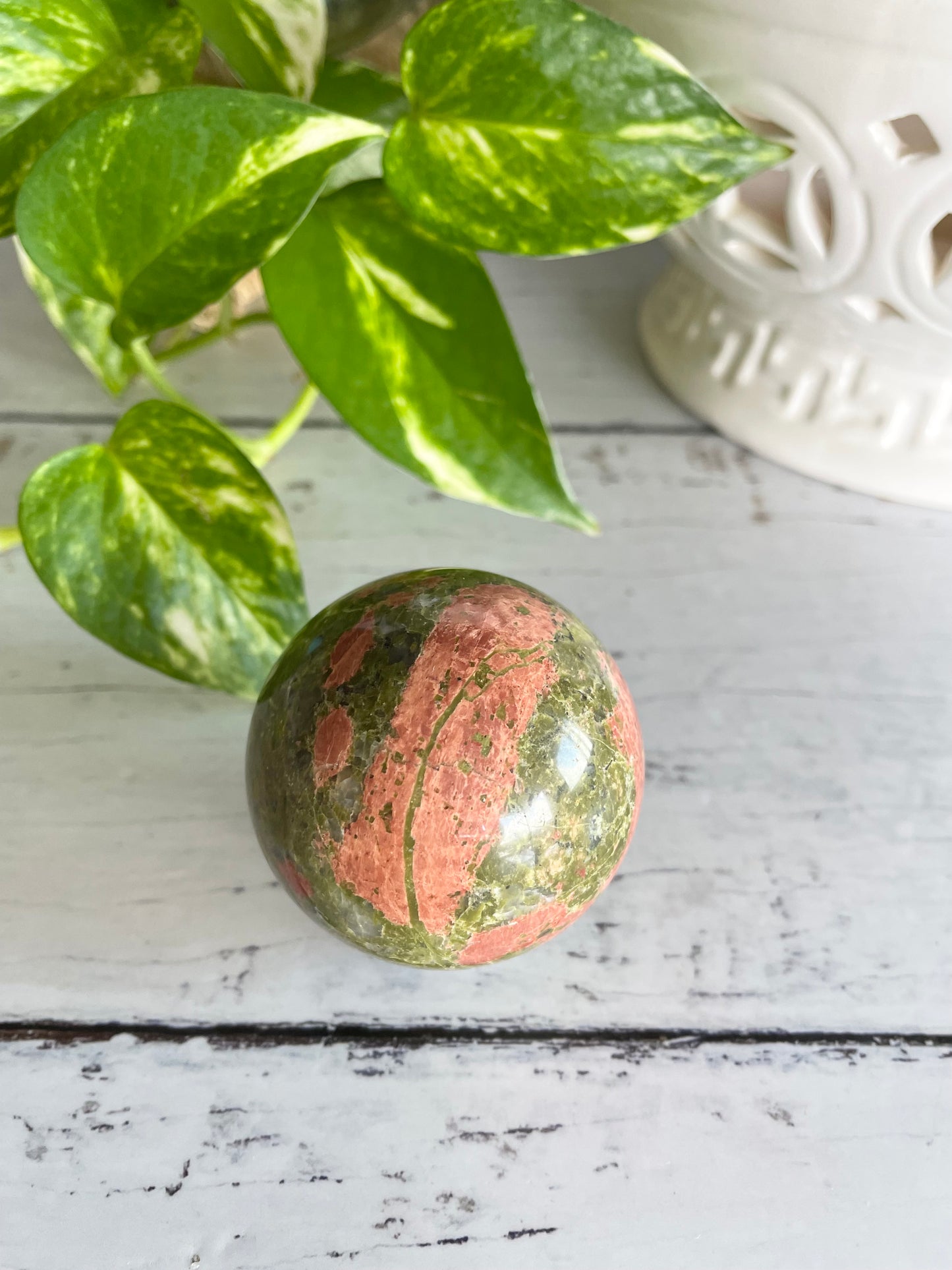 Unakite Sphere Includes Wooden Holder