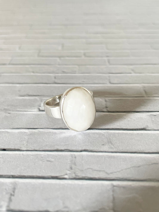 Faceted White Quartz Silver Ring ~ size 7.5