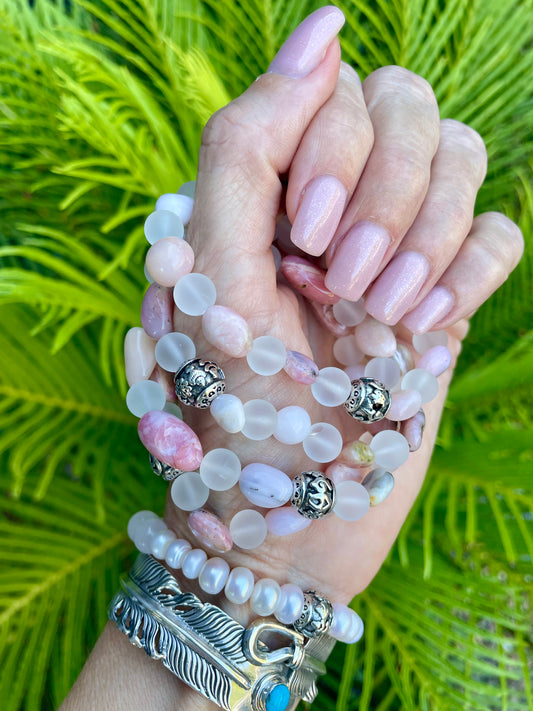 Pink Opal & Frosted Clear Quartz gemstone Bracelet