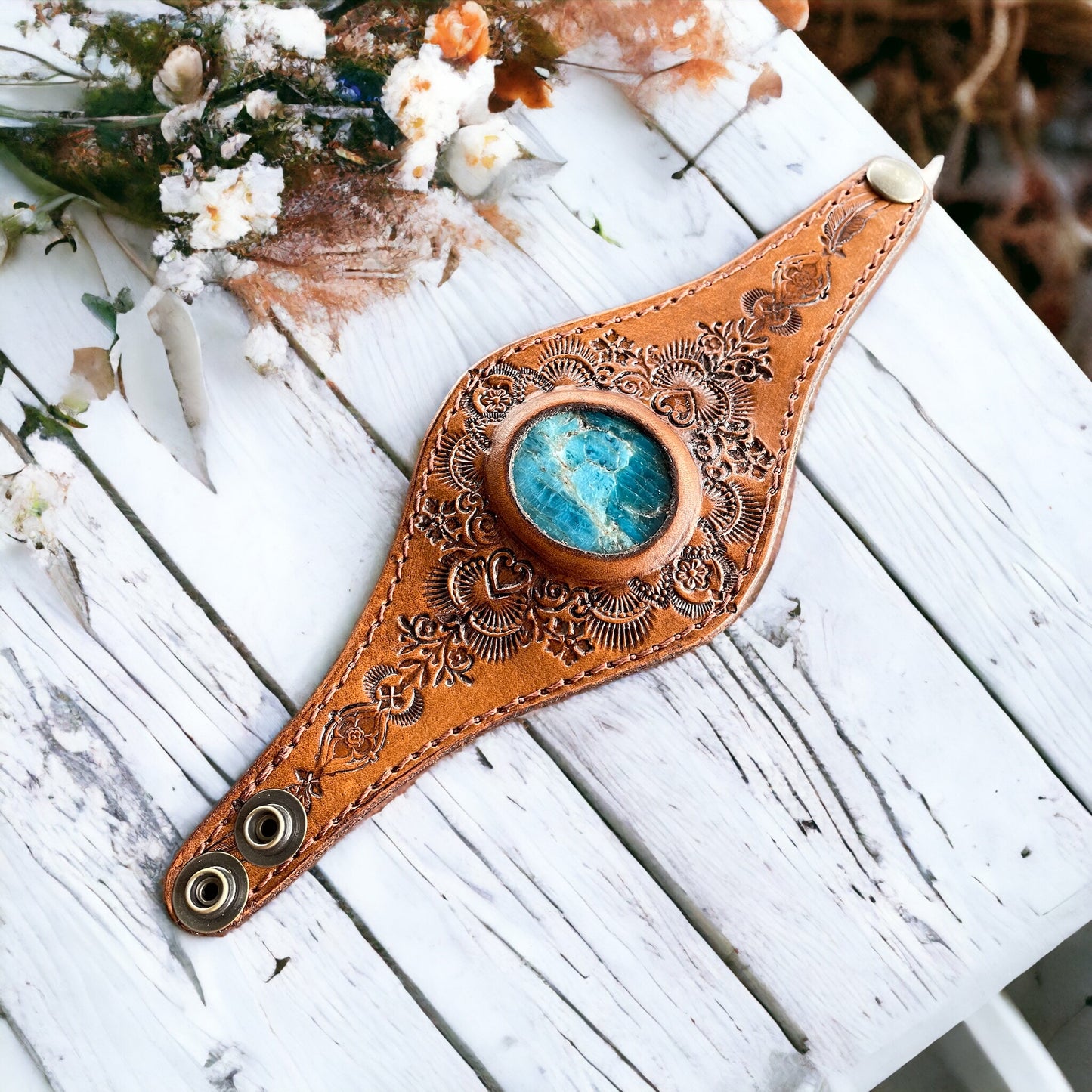 Leather Mandala Tan Cuff ~ Azurite