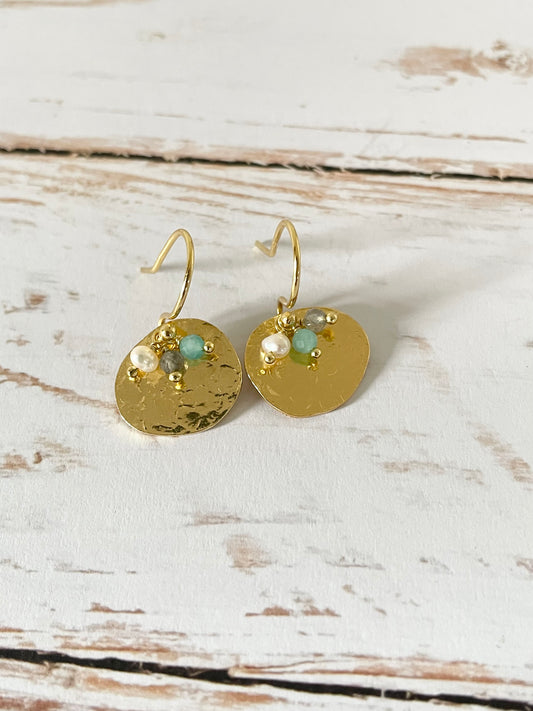 18K Gold Electroplated Hoops  ~ Pearl, Labradorite & Amazonite