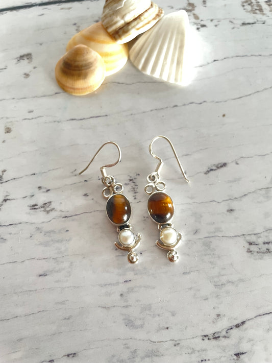 Tigers Eye & Pearl Dangles