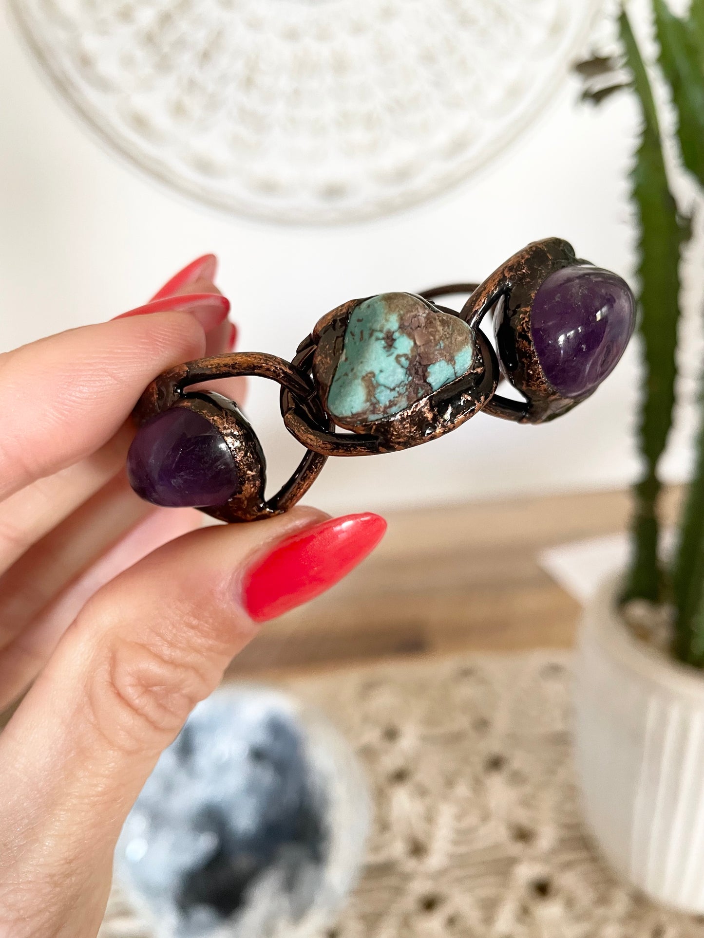 Brass Copper Cuff ~Amethyst, Turquoise