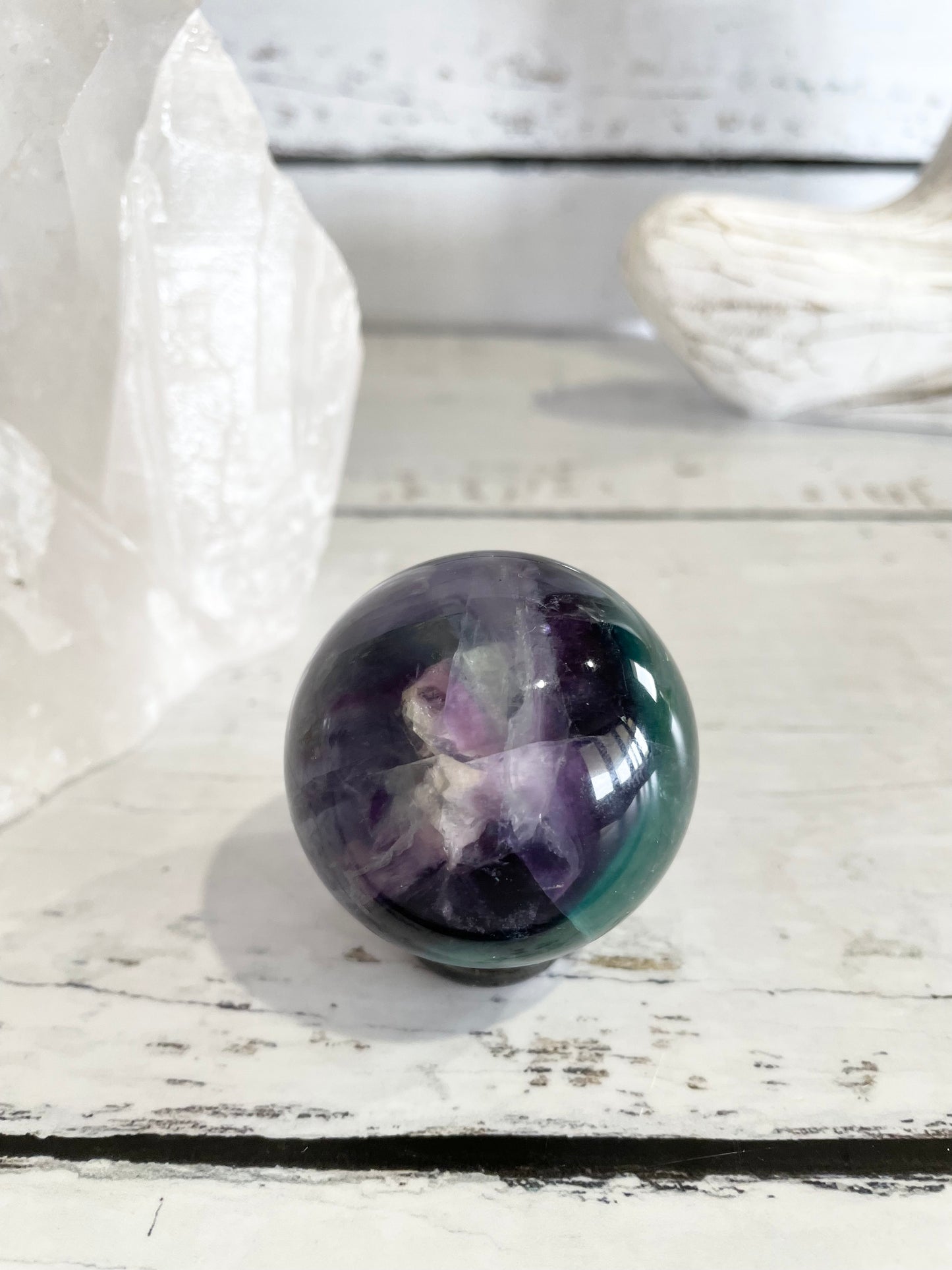 Rainbow Fluorite Sphere Includes Wooden Holder