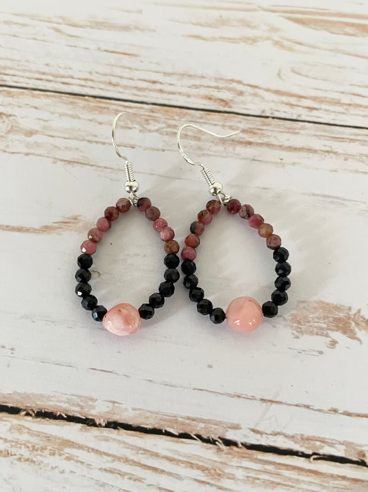 Faceted Pink Opal, Black Spinel & Rhodonite Earrings - handmade by Wayne