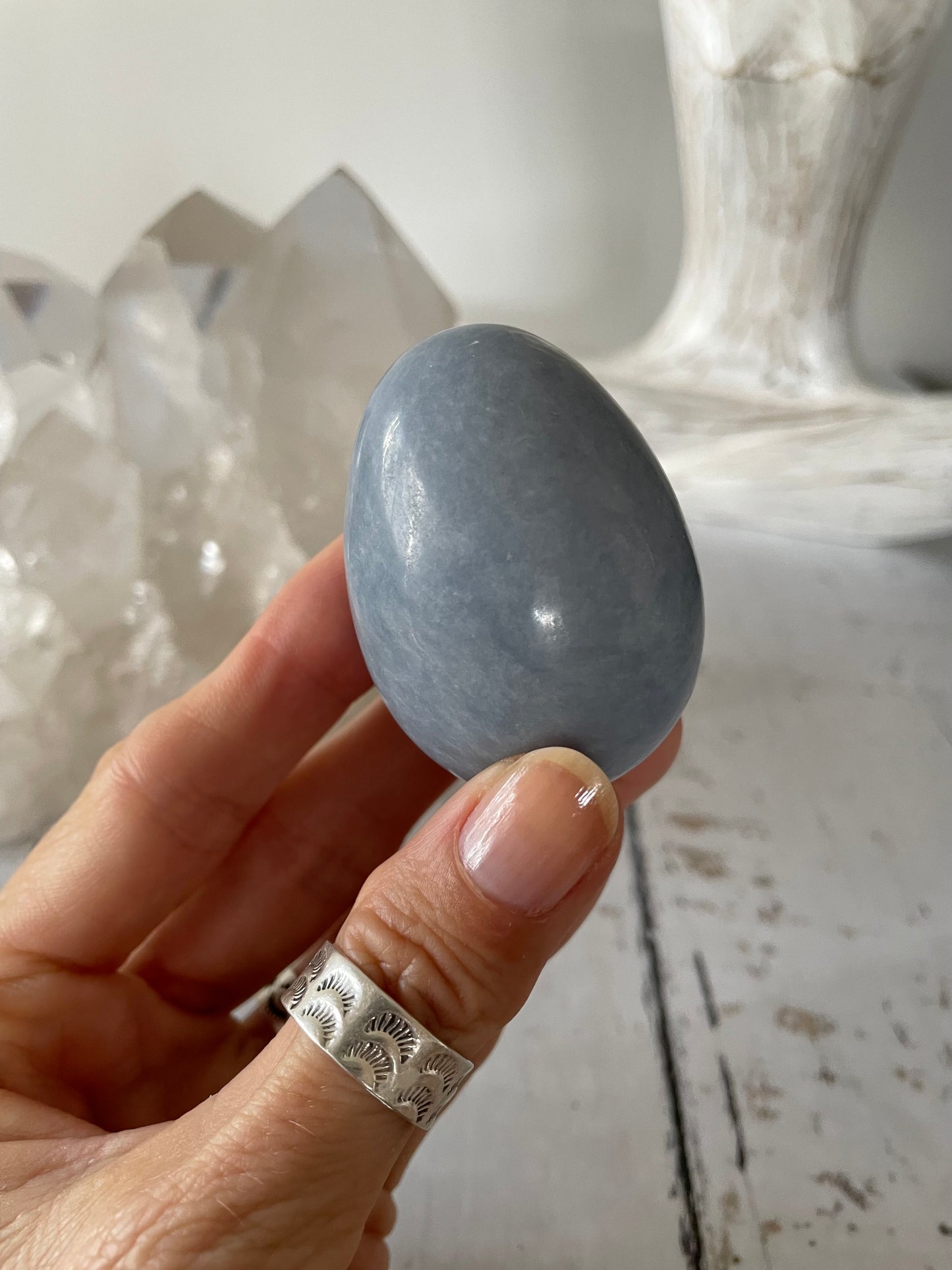 Angelite Egg Includes Hematite Ring