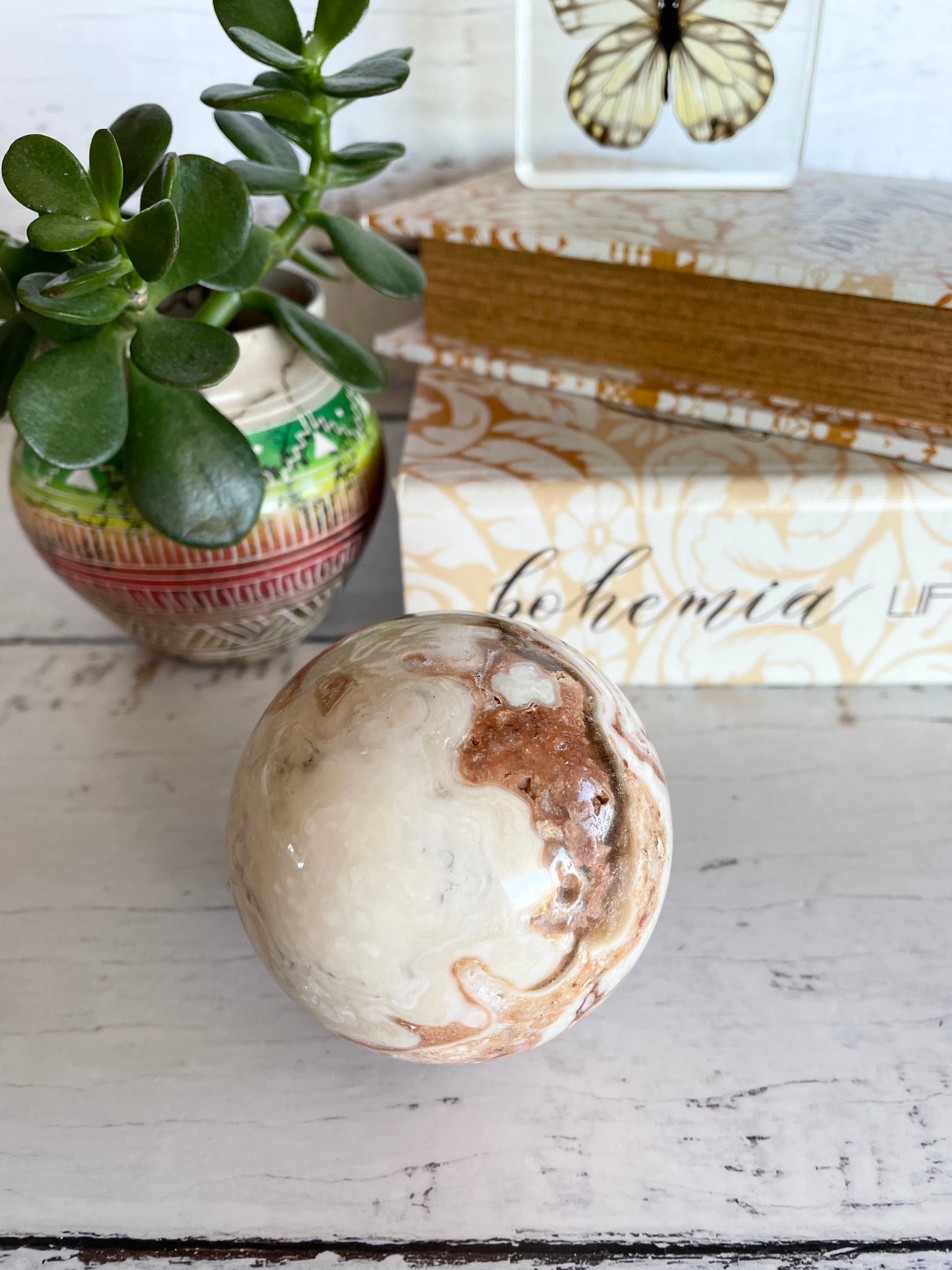 Calcite Sphere Includes Wooden Holder