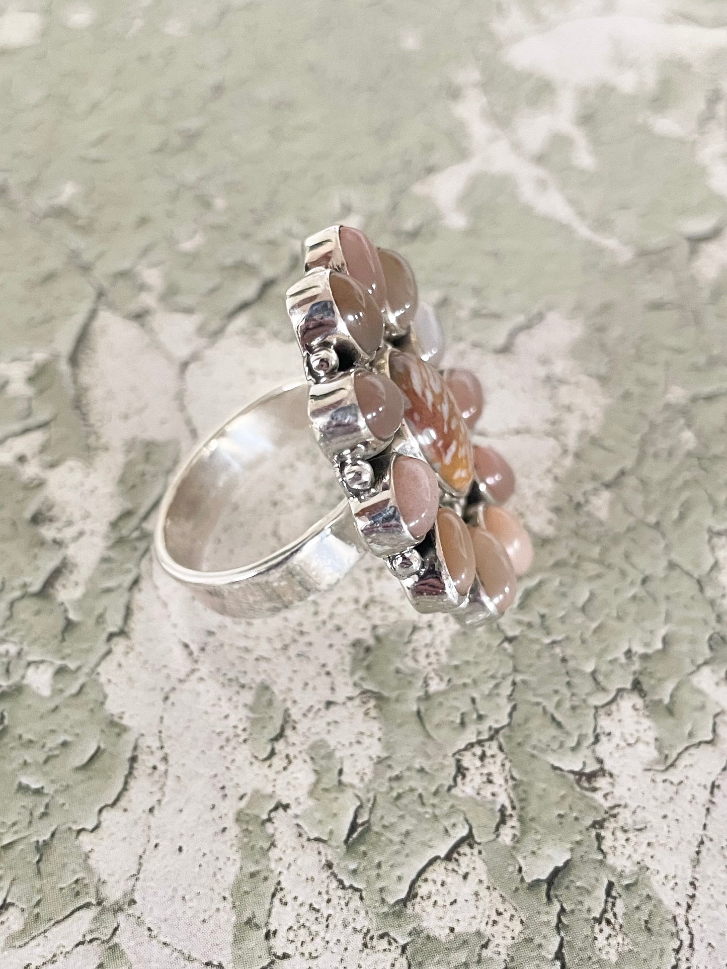 Fawn Jasper/Peach Moonstone Ring - 7.5-10 adjustable