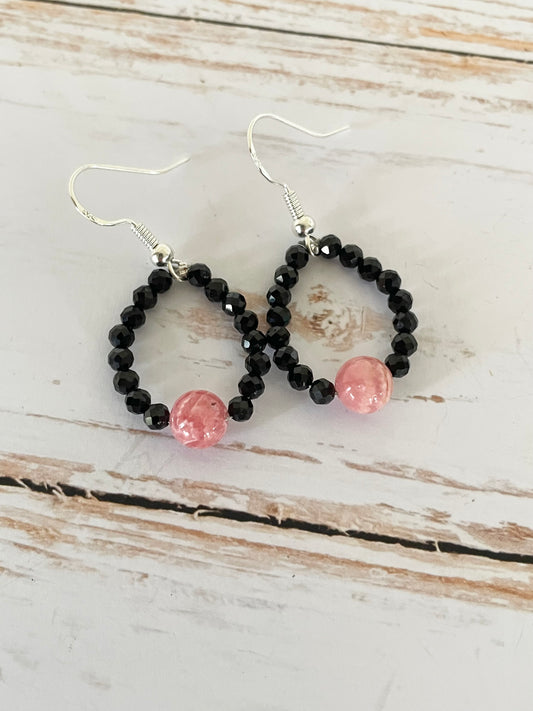 Faceted Rhodonite , Black Spinel Earrings - handmade by Wayne