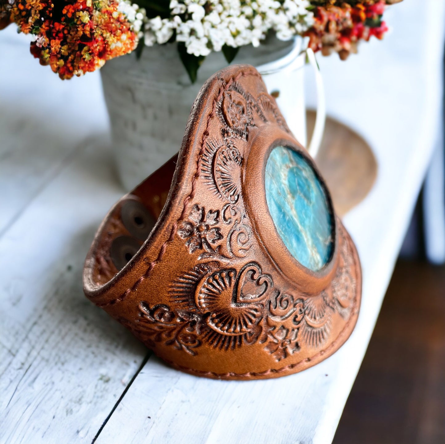 Leather Mandala Tan Cuff ~ Azurite