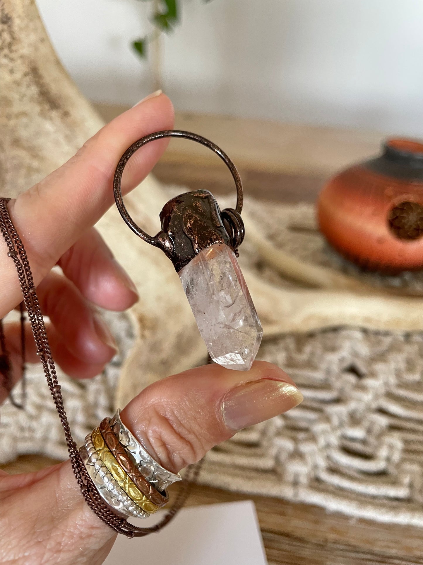 Copper electroplated Necklace ~ Clear Quartz