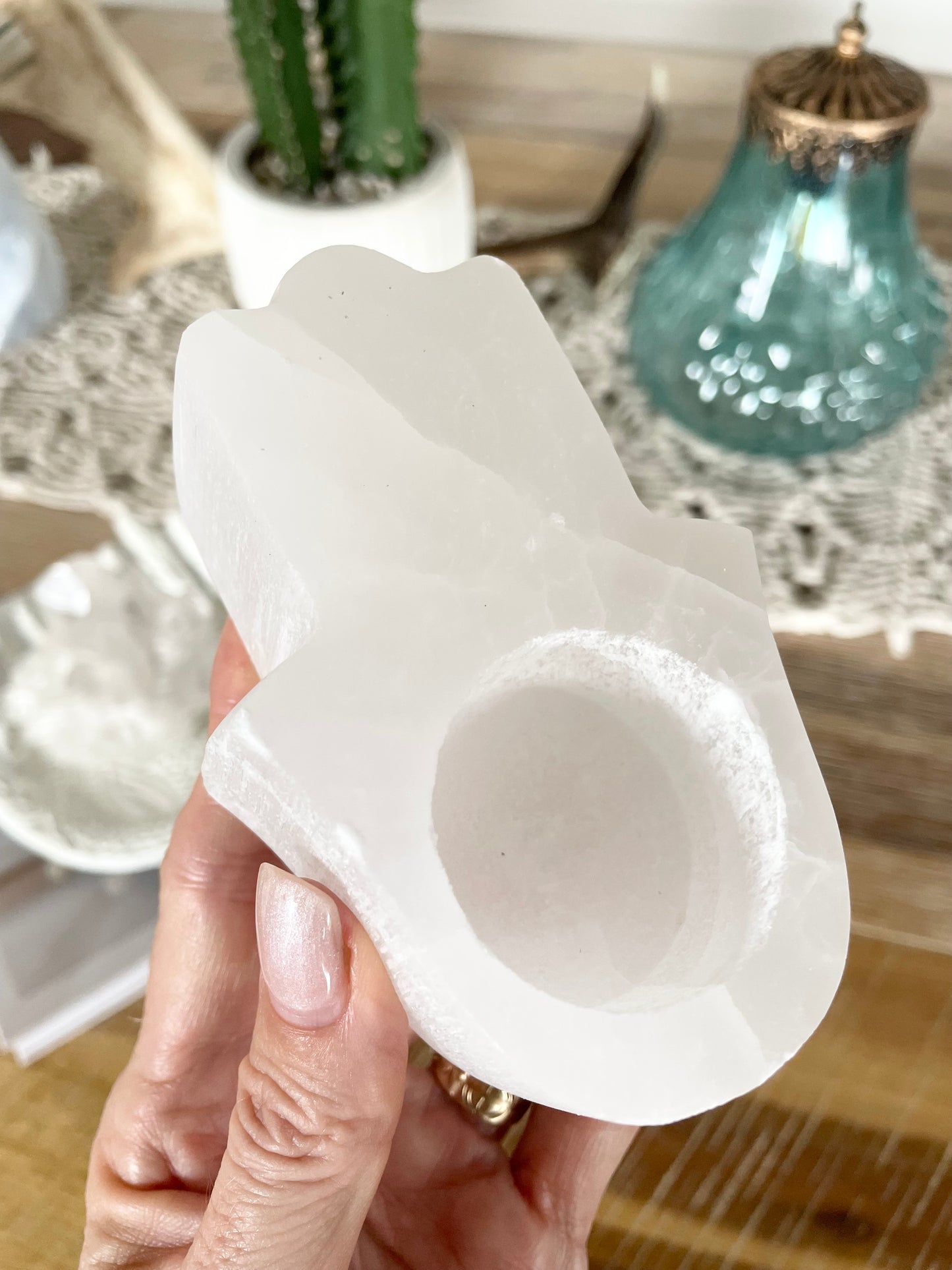 Selenite hamsa candle holder