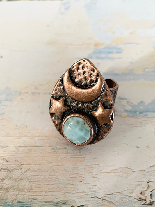 Copper Ring adjustable size 6-10 ~ Larimar