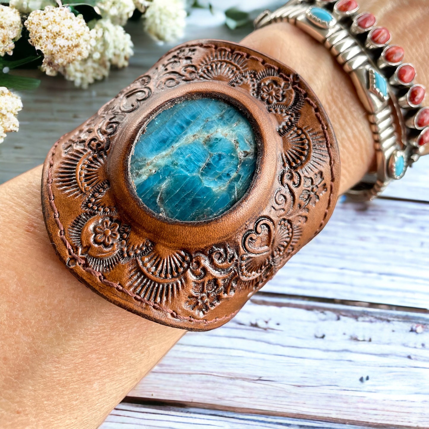 Leather Mandala Tan Cuff ~ Azurite