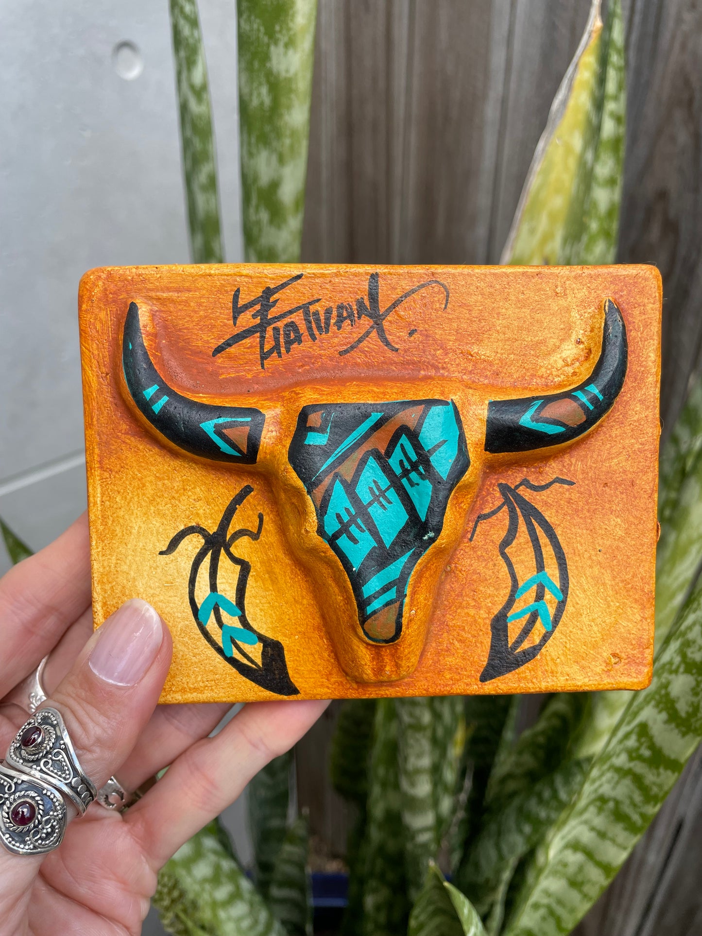 Navajo Pottery Plaque with Stand ~ Bull Skull