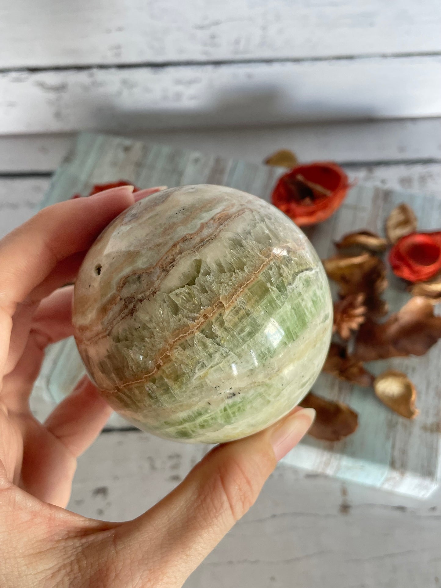 Caribbean Calcite Sphere Includes Wooden Holder