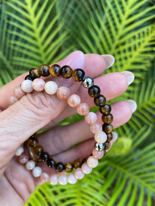 Double Stacker Bracelets -Peach Moonstone/Tigers Eye