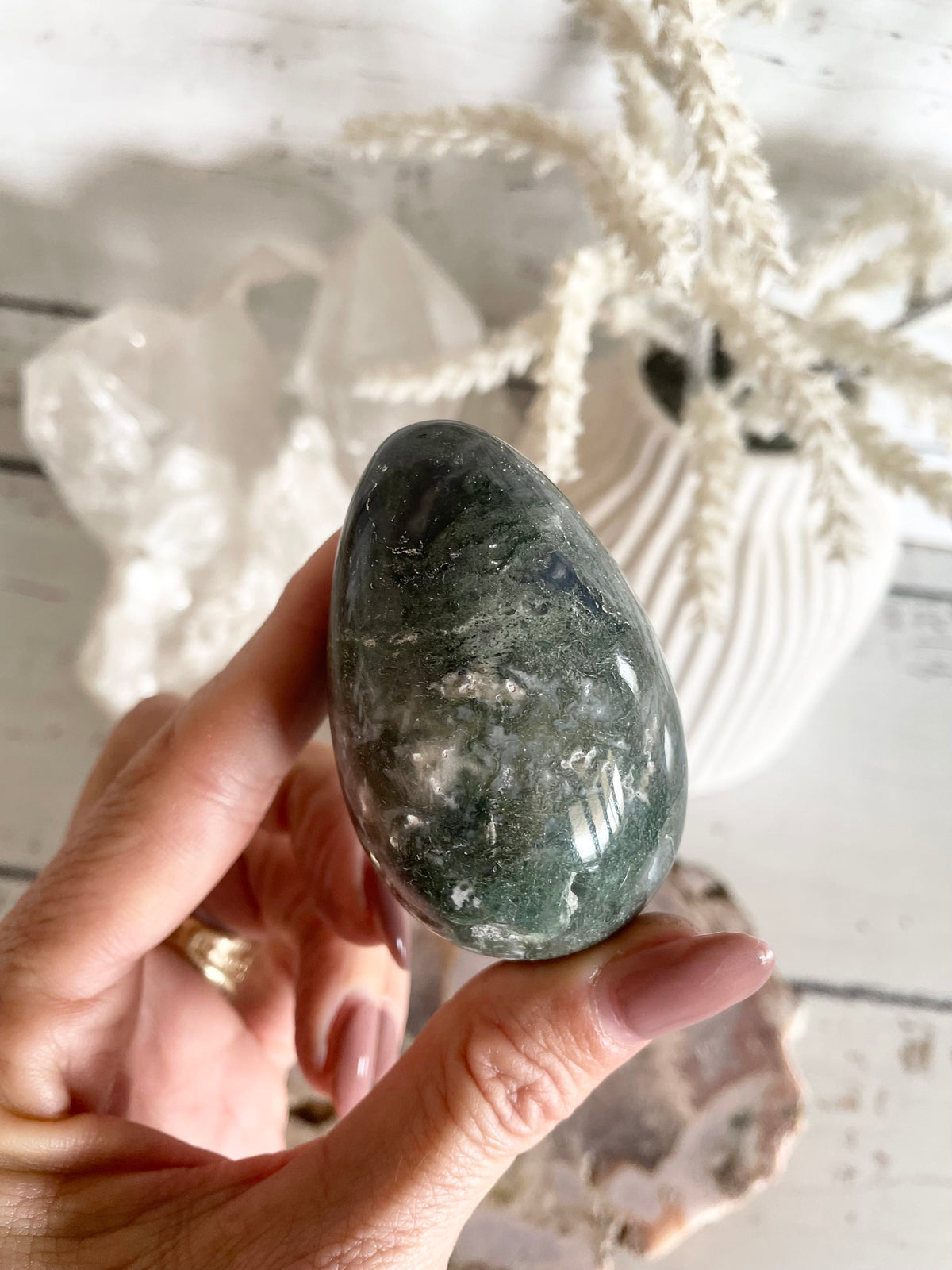 Moss Agate Egg includes holder