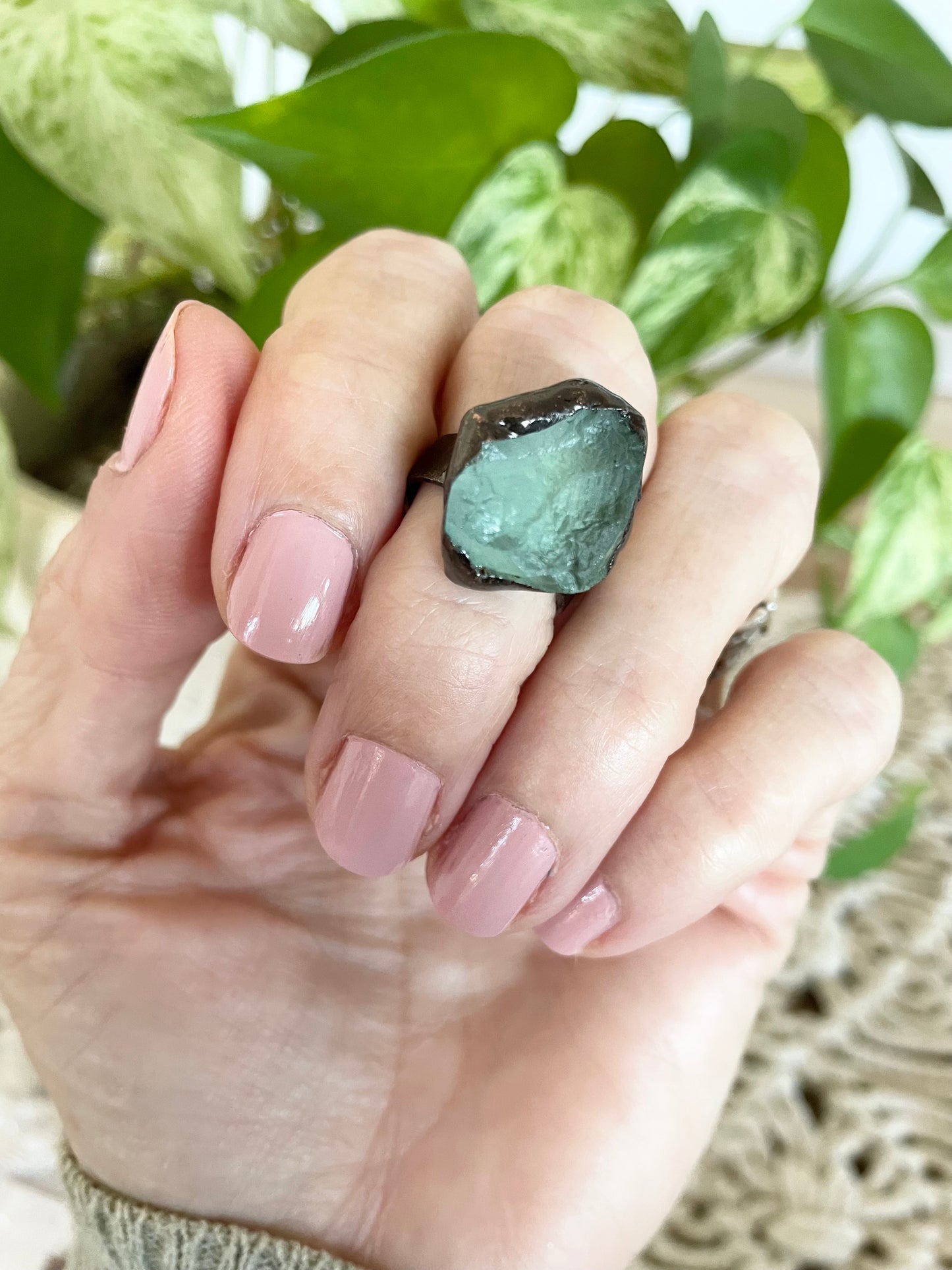 Copper electroplated Ring ~ Green Fluorite Ring