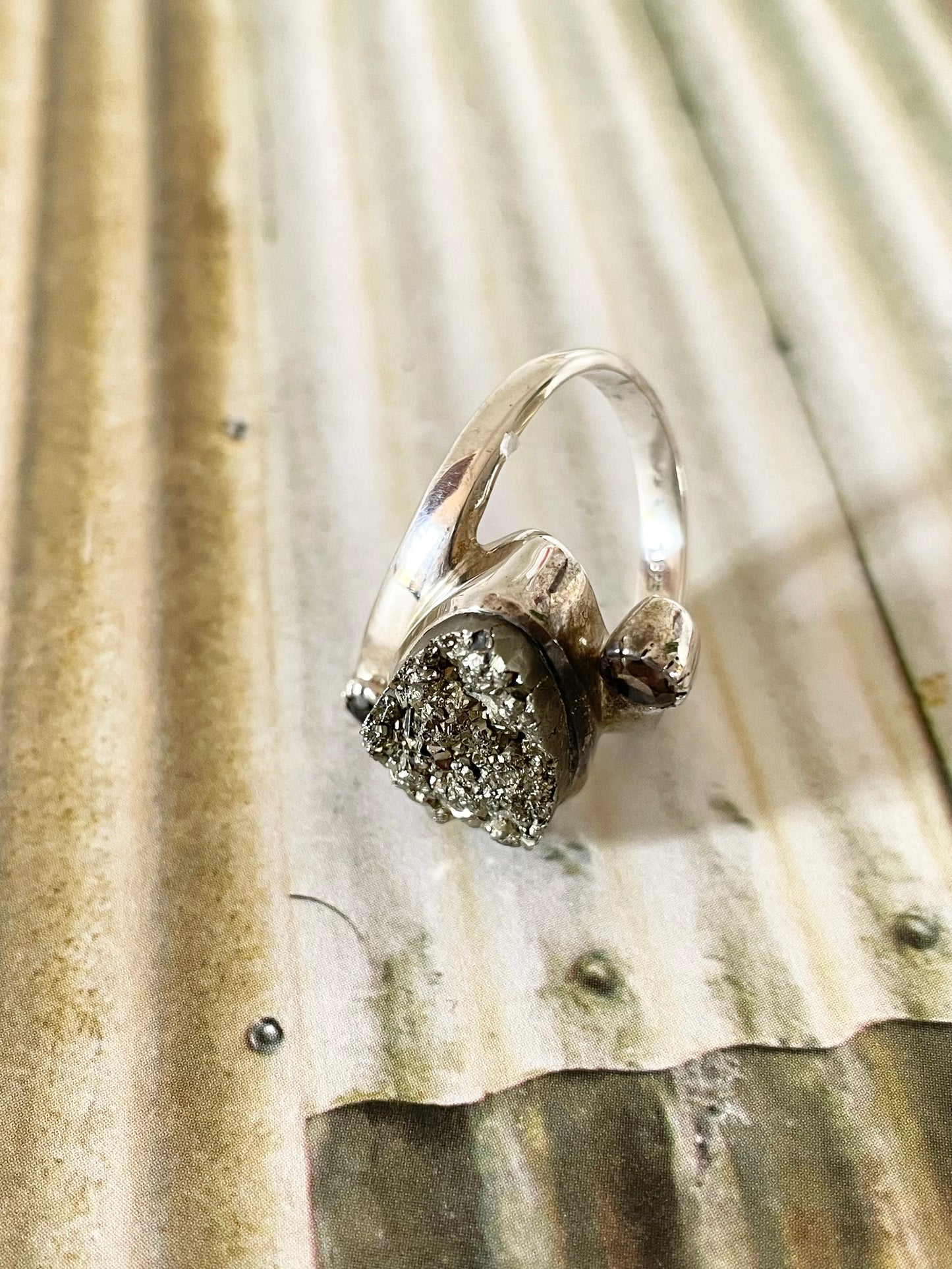 Raw Pyrite & Smoky Qtz Ring - Size 10
